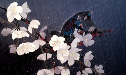 古风 美男美女 手绘 水墨 雨 白花