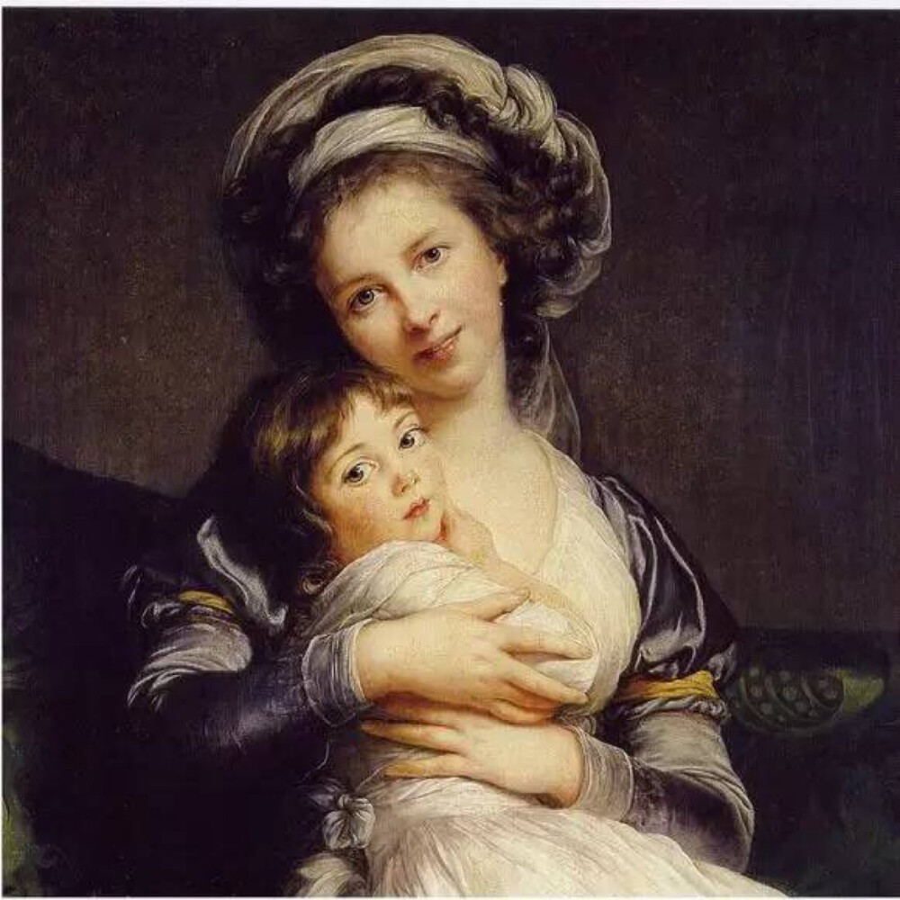  维吉·勒布伦《与女儿朱莉一起的自画像》，布面油画，105 x 84 cm，1786 年，巴黎卢浮宫 《画家和她的女儿》是作者最出色的代表作，也是她的自我写照。上述肖像画的特点在这幅作品中都得到了充分的体现。这是她32岁时所作，十分潇洒优雅。女画家装束朴素典雅，端庄秀丽，目光温柔而深情。她俯身坐着，双臂围抱着女儿的脸。