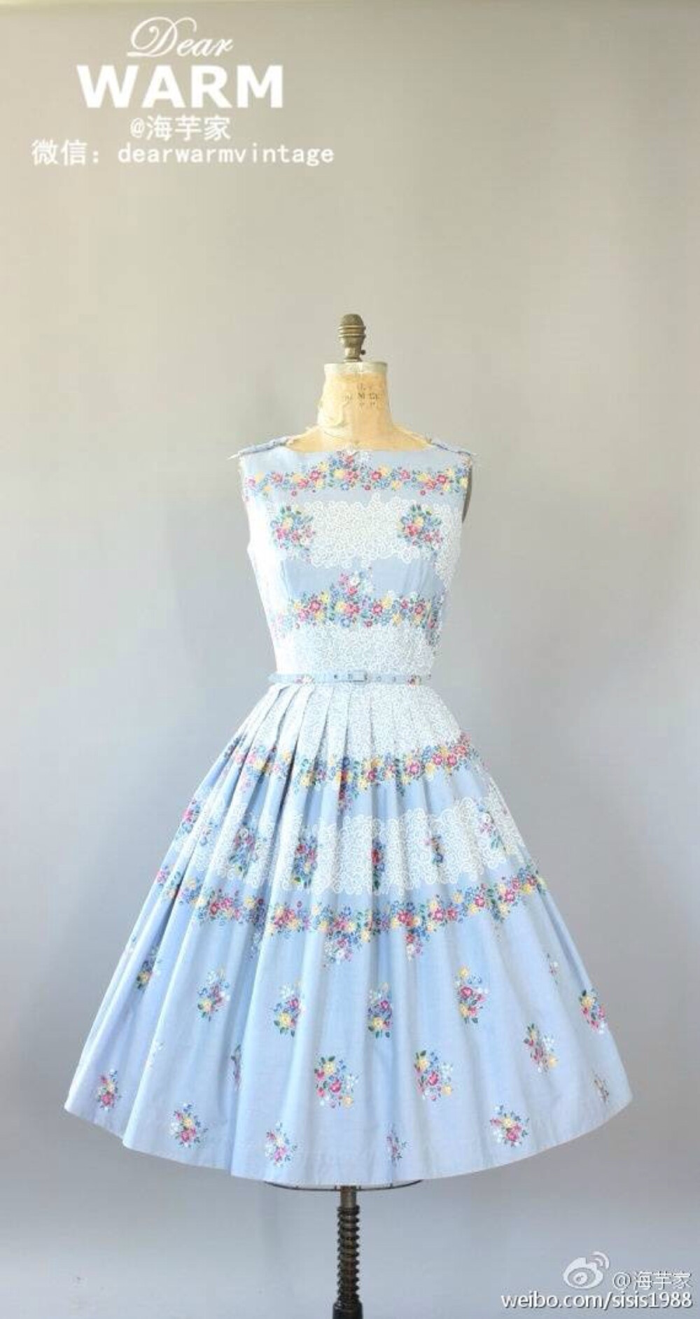 Vintage 1950s 蛋糕花朵蓝色古董连衣裙