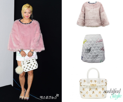 Fleamadonna: Fake Pink Fur Top @ fleamadonnashop.com ₩289,000 Signed Quilted Mini Skirt @ fleamadonnashop.com ₩238,000 VASA: Small ‘Twinkle’ Bag @ vasa.kr ₩198,000