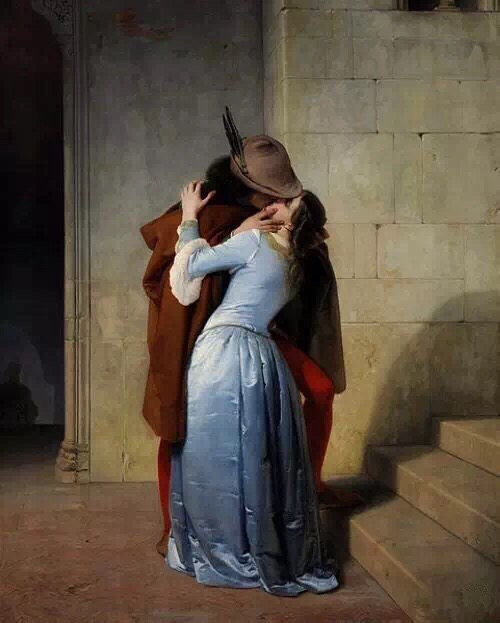 《吻》世界名画。作者：海耶兹 法国 材质：布面油画 年代：1859年 规格：121×97cm 私人收藏。赏析：这幅画表现的是一对情侣在走廊间深吻的场景。画面构图简单，画家把人物安排在画面正中央，突显了主题。作者：弗朗西斯科.海耶兹(1791-1881)