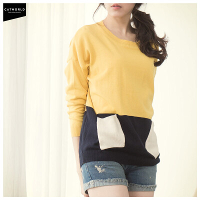  秋装女装上衣 拼接色块双口袋针织衫 11700819