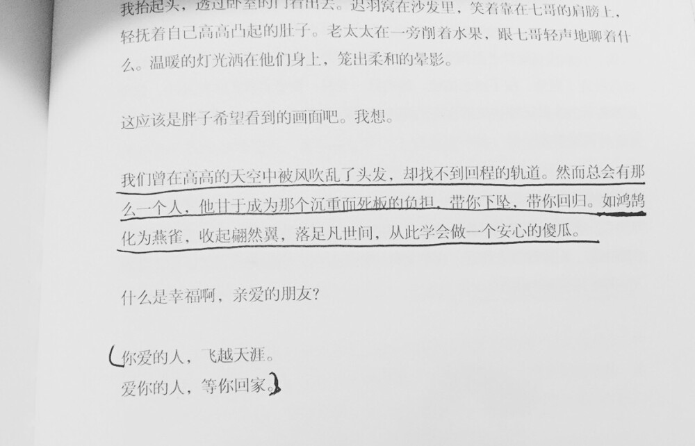  “我们曾在高高的天空中被风吹乱了头发，却找不到回程的轨道。然而总会有那么一个人，他甘于成为那个沉重而死板的负担，带你下坠，带你回归。如鸿鹄化为燕雀，收起翩然翼，落足凡世间，从此学会做一个安心的傻瓜。” 你爱的人，飞越天涯。爱你的人，等你回家...—《和喜欢的一切在一起-滑翔伞与功夫熊猫》