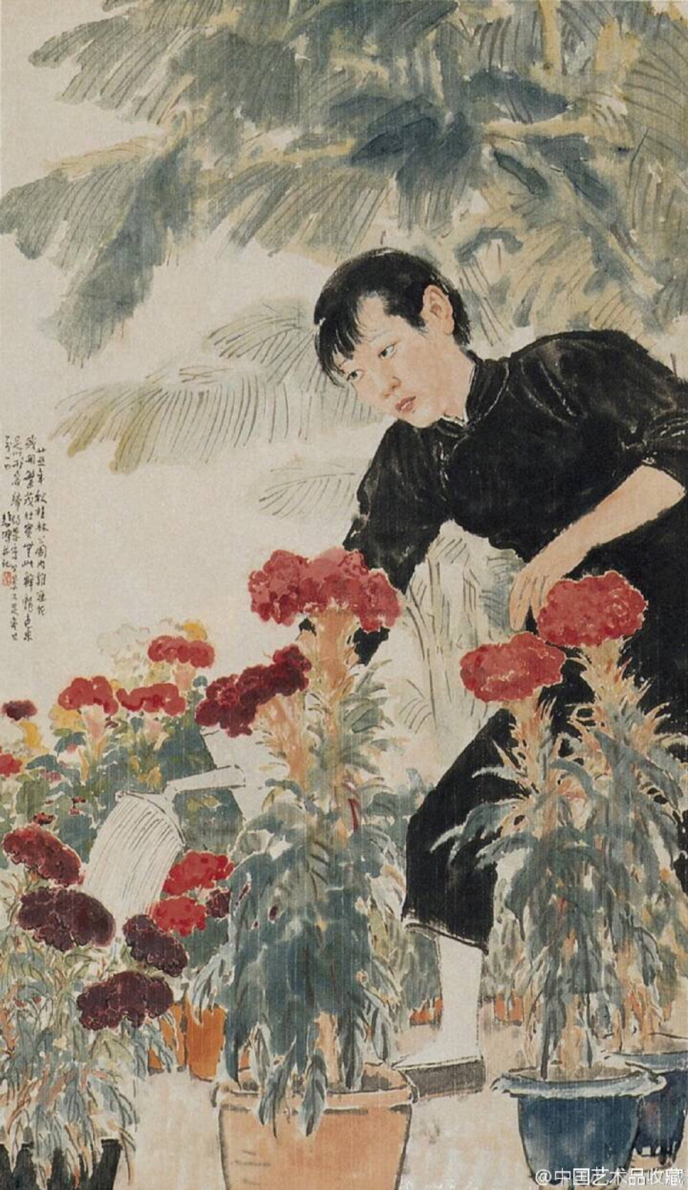 #人物画#【 徐悲鸿 《花闹》 】立轴，纸本设色，129×74.5cm，1936年作。 款识：“悲鸿秋，桂林公园内鸡冠花盛开，繁茂壮实，无比鲜艳，色彩足以形容。归约略写其景，不足尽其万一也。悲鸿并记。”