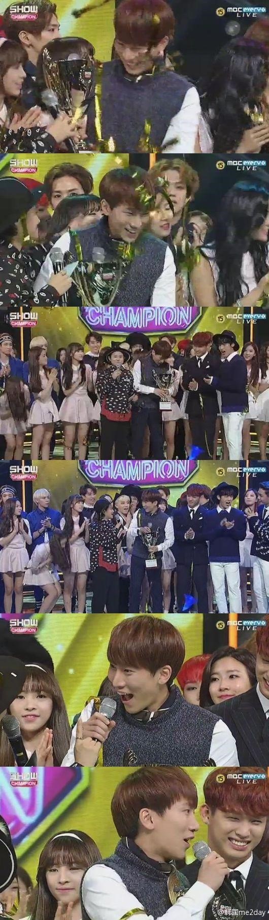 btob show champion 初一位的日子！颁奖现场大家都快高兴死了~\(≧▽≦)/~光粑粑发表感言中~ 2015.10.21！melody们值得记住的一天，大家都辛苦了，btob粗卡哟！一定会得越来越多第一的(๑•̀ㅂ•́)و✧