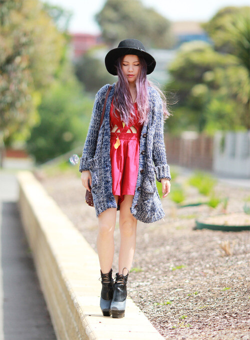 Red Romper c/o Arcade | Navy Cardigan c/o Sophiscat | Diva Necklace | Jemica Hat (from Tokyo) | Jeffrey Campbell Boots