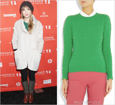 Event：Ethel Sundance Film Festival premiere | Park City, Utah | January 20, 2012 Sweater：Ralph Lauren ‘Cable Knit Cashmere Sweater in Leaf Green’ Worn with: Anthropologie boots, Kymerah coat and U…