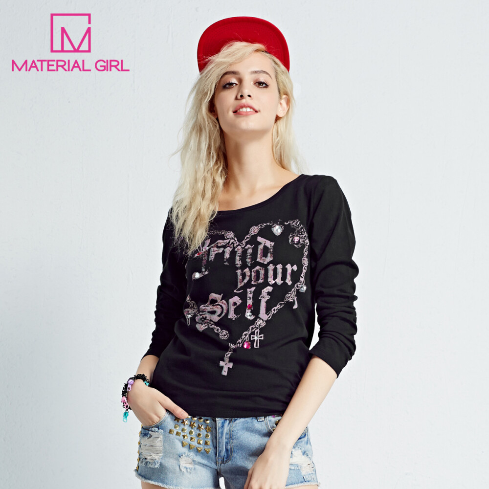 material girl 15冬装 欧美时尚印花圆领黑色长袖T恤上衣 女