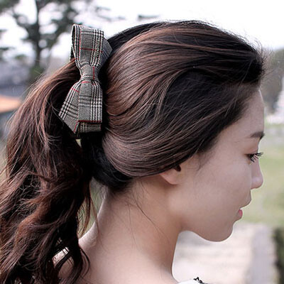 韩国进口发饰品 布艺双面蝴蝶结英伦格纹发夹发抓顶夹香蕉夹B91女