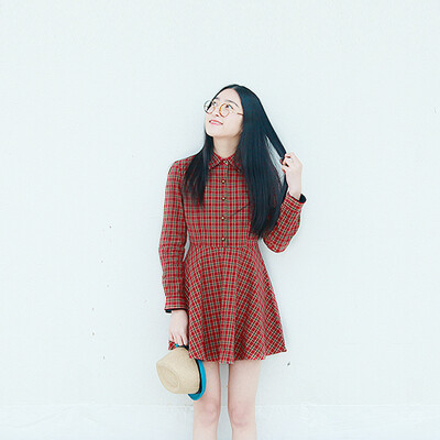 夏新文艺复古日森系学院学生甜美棉英伦格子红短款长袖女人连衣裙