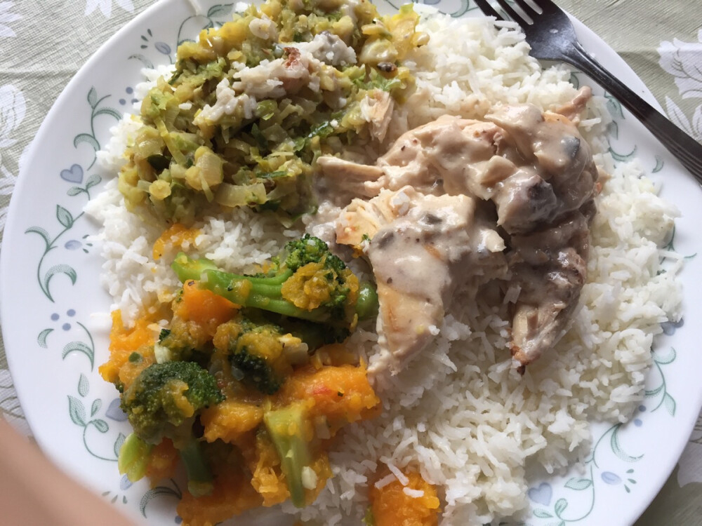 Mushroom chicken and pumpkin broccoli