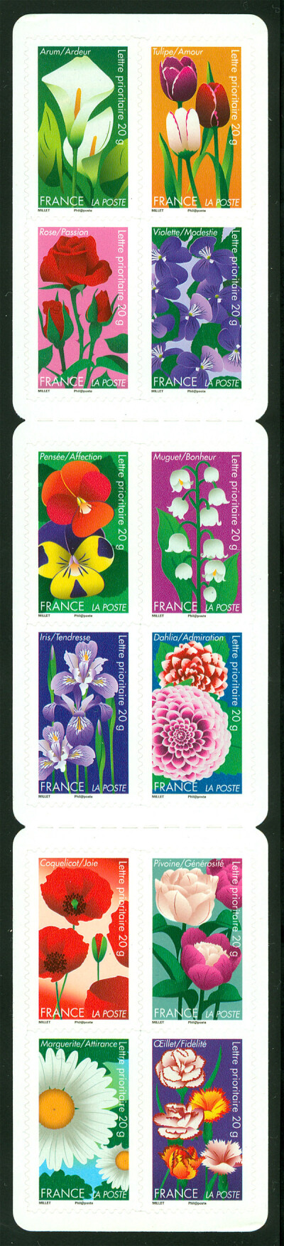 2012法国花卉邮票。上排：郁金香；马蒂莲；大丽花；雏菊；牡丹；玫瑰；下排：铃兰；虞美人；紫罗兰；鸢尾；康乃馨；三色堇。（图片来自百度贴吧）