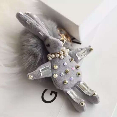 韩国铆钉珍珠水钻鹿皮绒兔子狐狸毛球球钥匙扣包挂车钥匙扣女挂件
