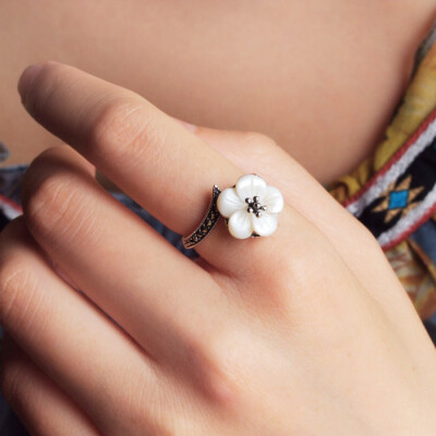 『青春永不再来』泰国进口原创设计天然贝壳花马克赛镶嵌纯银戒指
