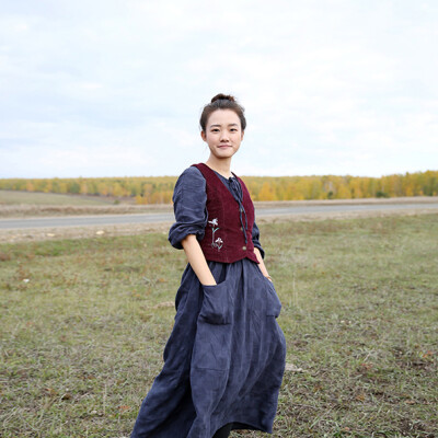 茉莉扶苏《莫林》深蓝色森林系森女亚麻蝙蝠袖超宽松袍子连衣裙