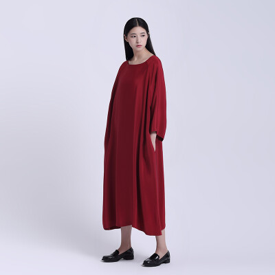 半圆独立原创设计超重磅真丝重绉宽松气质红色文艺连衣裙