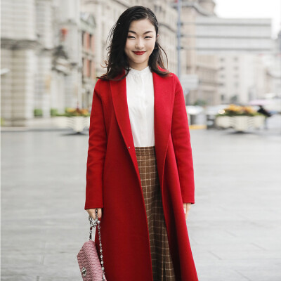 冬高端定制双面羊绒羊毛尼红色中长款修身大衣原创独立设计师