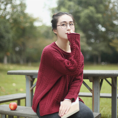 森系文艺学生秋冬宽松纯色圆领针织衫打底套头麻花毛衣外套女