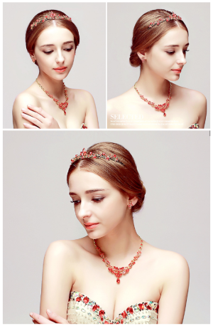 普瑞拉新娘发饰首饰结婚红色礼服项链耳环三件套装配饰婚纱头饰品