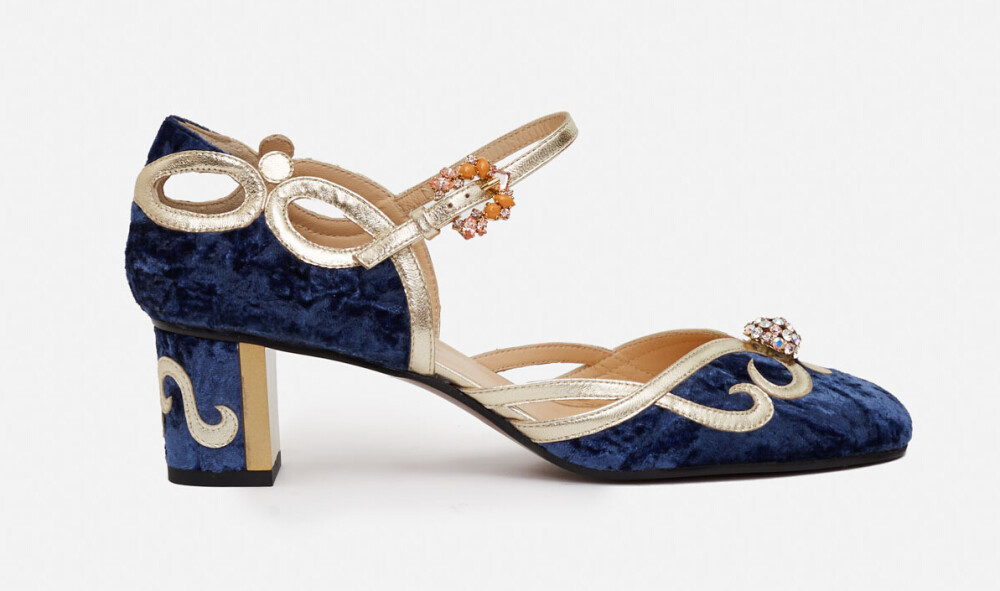 【O JOUR LOIRA PLATINUM NAPPA SHOES】 -Blue crushed velvet d'orsay mary janes with gold scrollwork and crystalline bauble - Gold leather ankle strap, crystalline buckle - Cuban heel with gold leather scrollwork at back - Rounded toe - Leather upper, insole and sole -Made in Italy