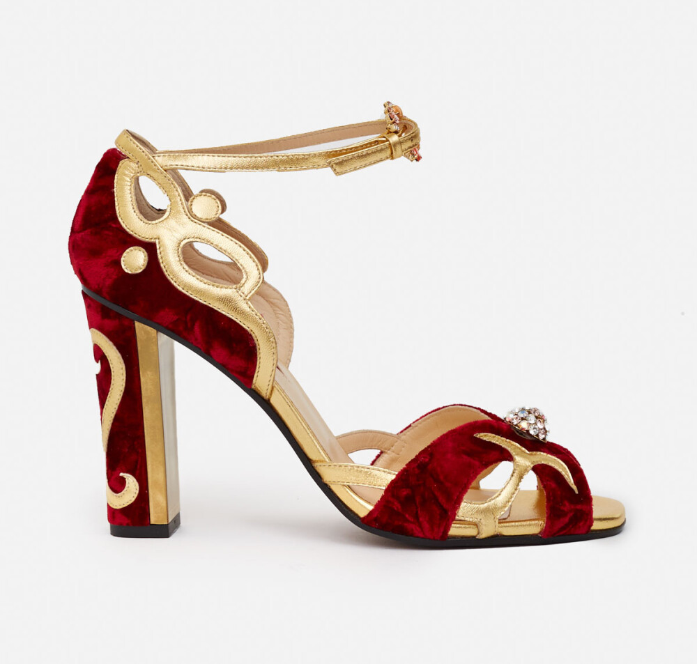 【O JOUR LOIRA PLATINUM NAPPA SHOES】 - Burgundy crushed velvet peep-toe d'orsay pumps with gold scrollwork and crystalline bauble - Gold leather ankle strap, crystalline buckle - Rounded blocky heel - Rounded toe - Leather upper, insole and sole -Made in Italy