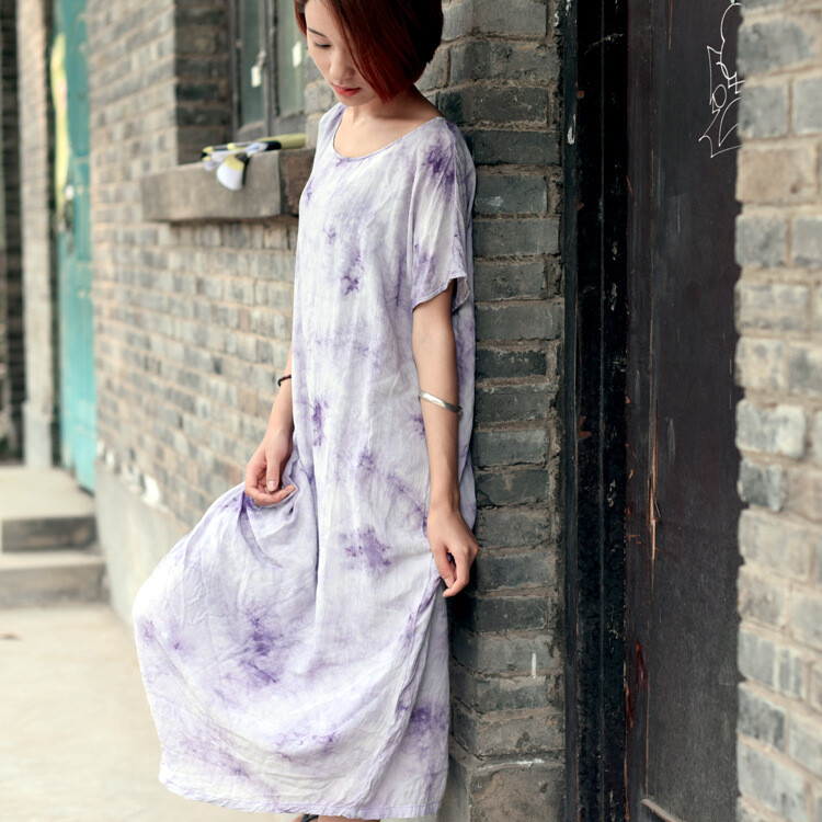 原创连衣裙短袖森女系长裙棉麻文艺复古水墨扎染印花显瘦长袍子夏