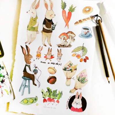 水彩画 兔子 手绘