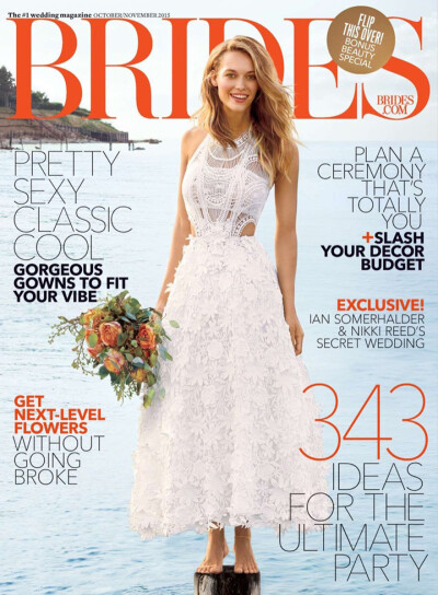 美国性感名模 Hannah Ferguson（汉娜·弗格森）登上《Brides》新娘杂志2015年10/11月号封面，在摄影师 Gilles Bensimon 的镜头下，汉娜置身户外，自然的装扮、象牙白婚纱礼服，带来新娘的浪漫幸福感。