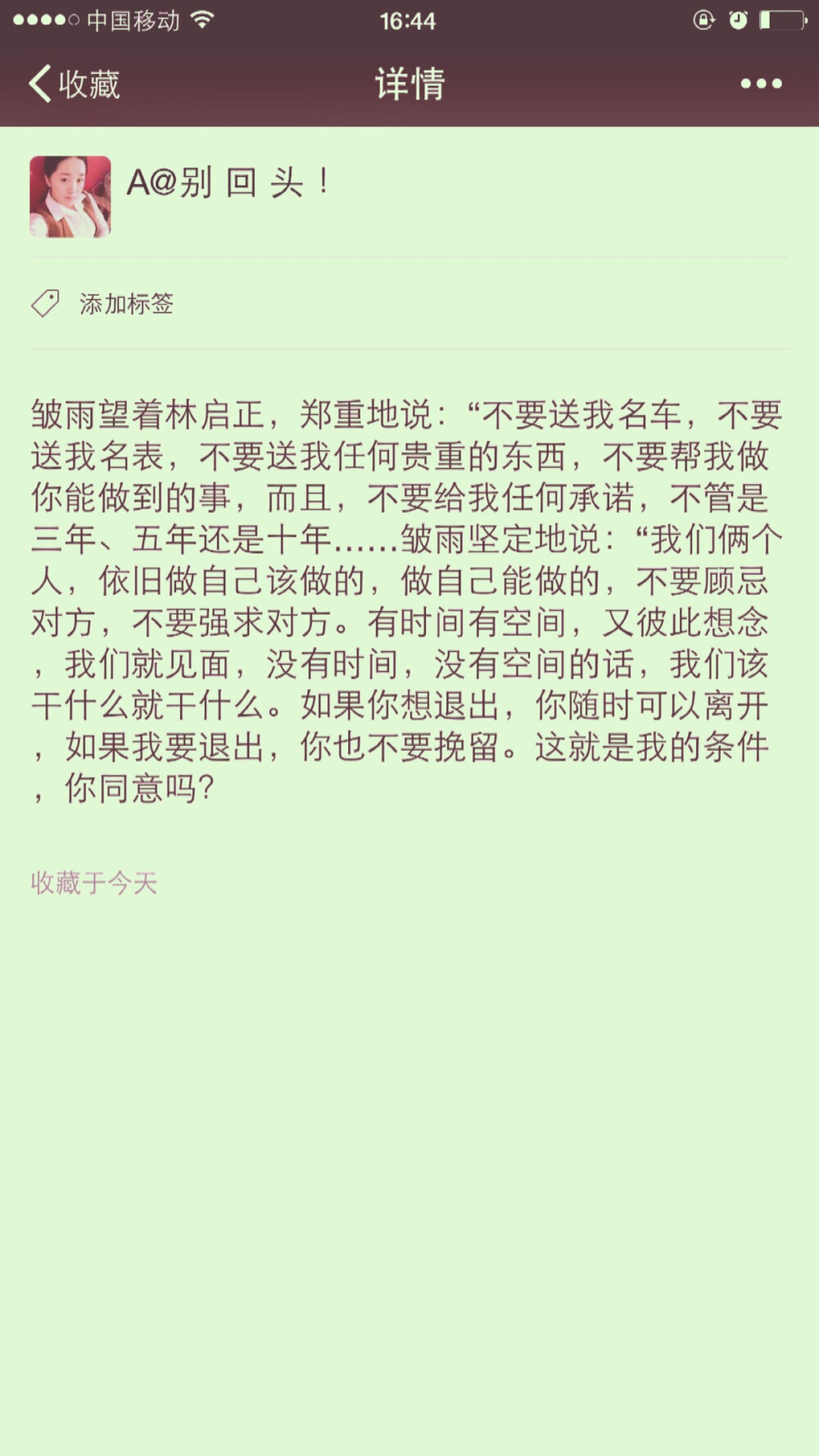 皱雨望着林启正，郑重地说：“不要送我名车，不要送我名表，不要送我任何贵重的东西，不要帮我做你能做到的事，而且，不要给我任何承诺，不管是三年、五年还是十年……皱雨坚定地说：“我们俩个人，依旧做自己该做的，做自己能做的，不要顾忌对方，不要强求对方。有时间有空间，又彼此想念，我们就见面，没有时间，没有空间的话，我们该干什么就干什么。如果你想退出，你随时可以离开，如果我要退出，你也不要挽留。这就是我的条件，你同意吗？