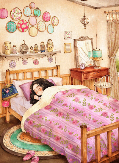 天色已亮，甜梦正浓 ~ 来自韩国插画家Aeppol 的「森林女孩日记」系列插画。