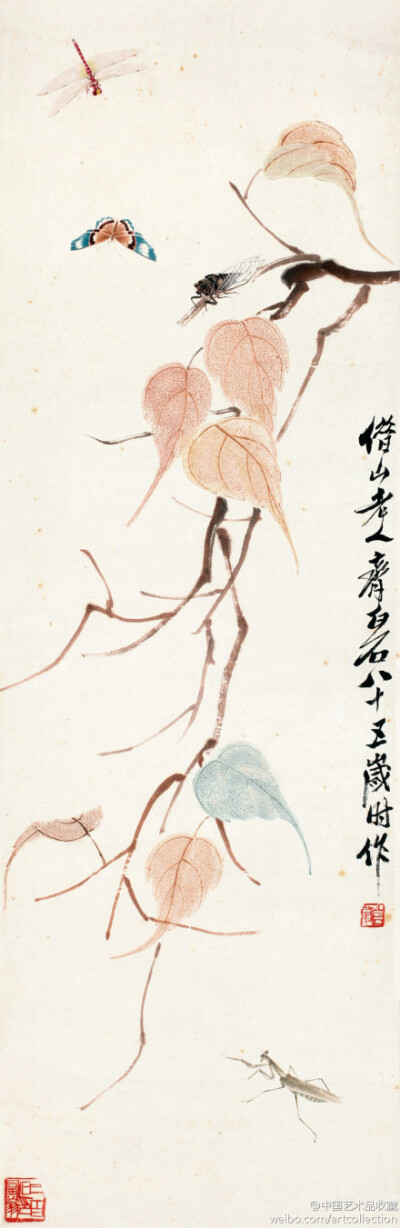 齐白石 《贝叶草虫》纸本设色，107×34.5cm，1945年作。 画面中四虫螳螂、蝴蝶、蜻蜓、知了，或飞，或爬，或伏；贝叶脉络缜密清晰。在中国花鸟画的历史中，草虫往往仅是花草的点缀而已，而在齐白石的画中虽与真虫大小…