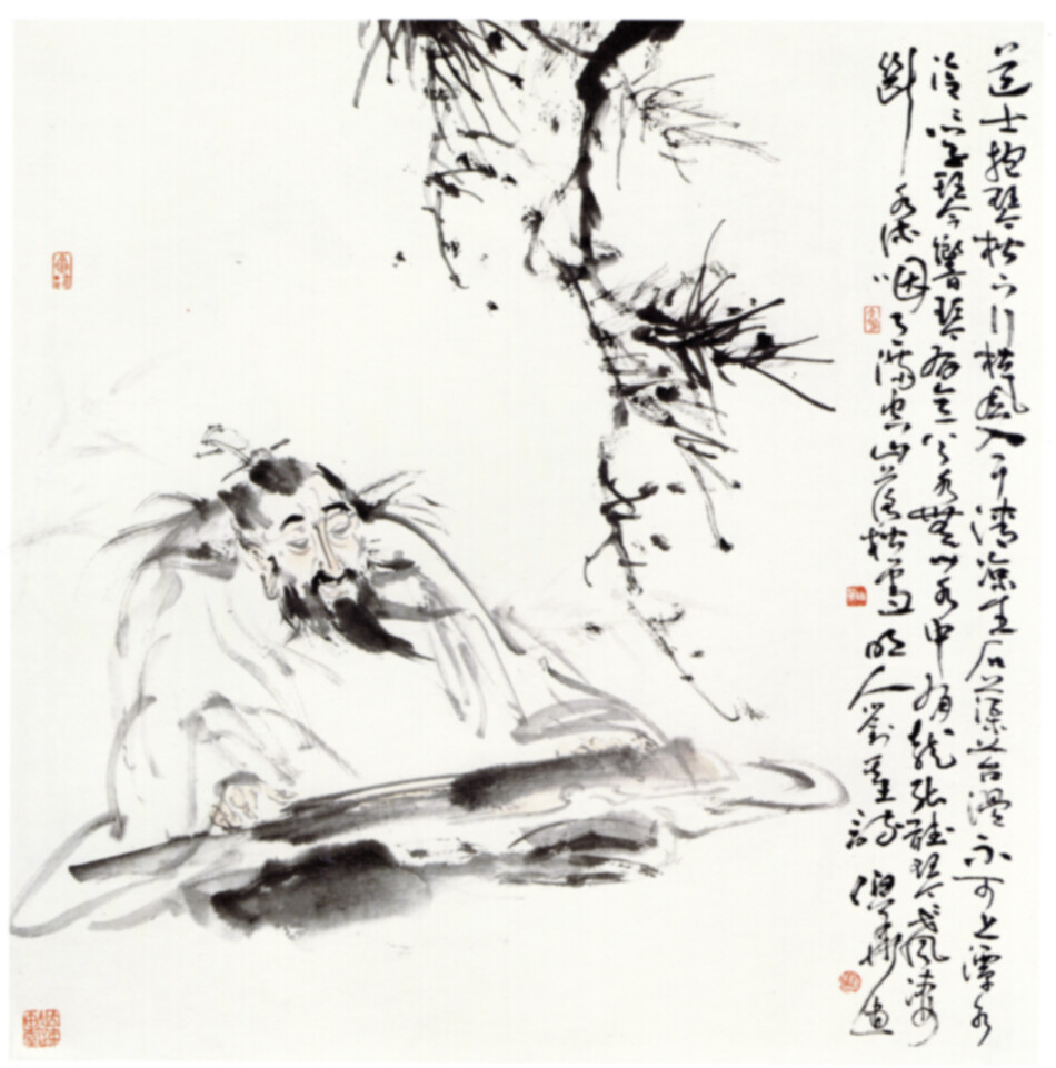 松风琴韵图 68cm×68cm 2012年 款识：道士抚琴松下行，松风入耳清凉生。石蕖苔滑不可上，潭水冷冷学琴响。琴有意兮水无心，水中有龙能听琴。琴声凄断水流咽，月满空山落松雪。 明人刘基诗，伯华画。