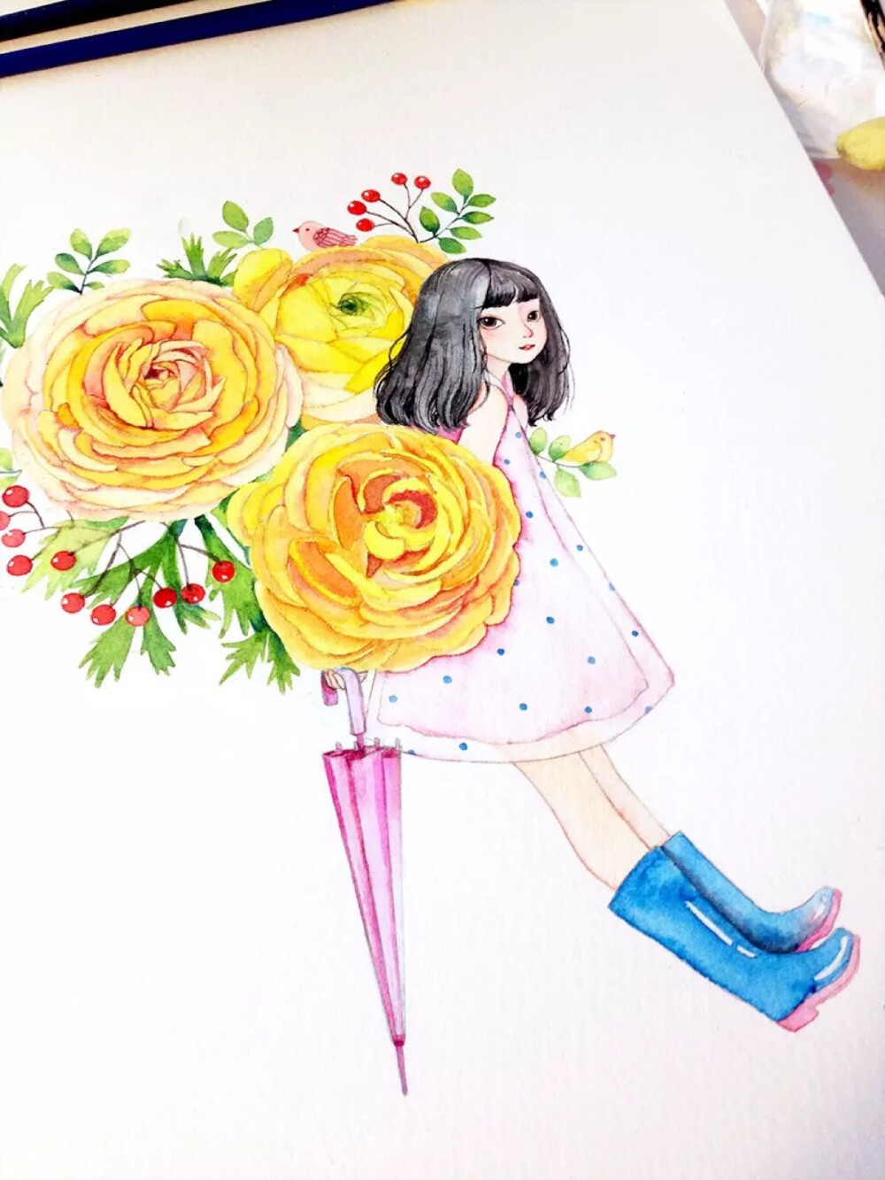 水彩画 插画 手绘 女孩 作者by 咪司优 微博:http://weibo.