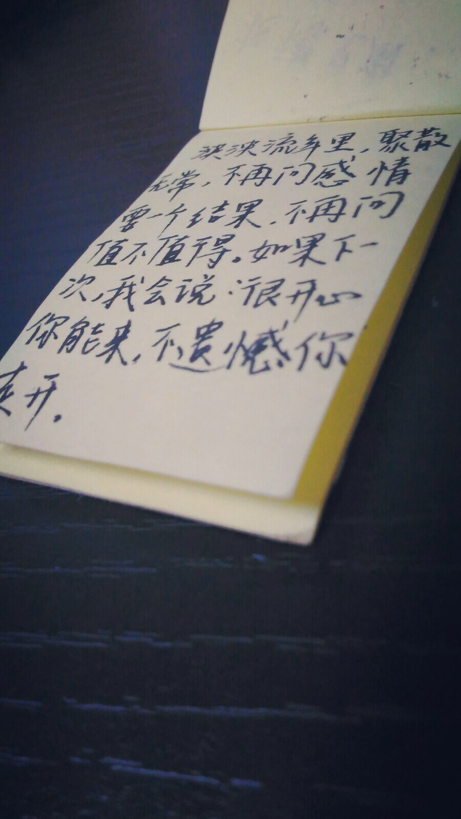 手写文字【泱泱流年，聚散无常，不再问感情一个结果，不再问值不值得，下一次，我会说：“很开心你能来，不遗憾你离开”】