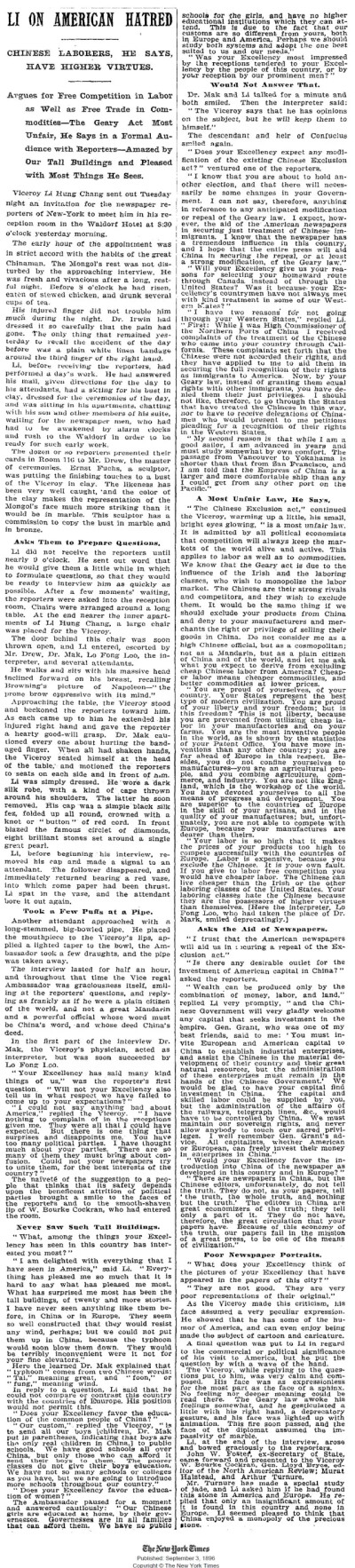 1896年纽约时报李鸿章采访原文