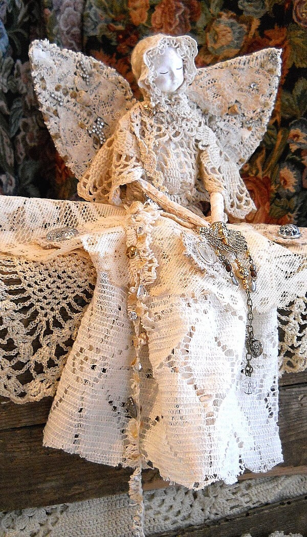  Angel Art Doll: Handmade of paper clay, fabric body, vintage lace, via Etsy.