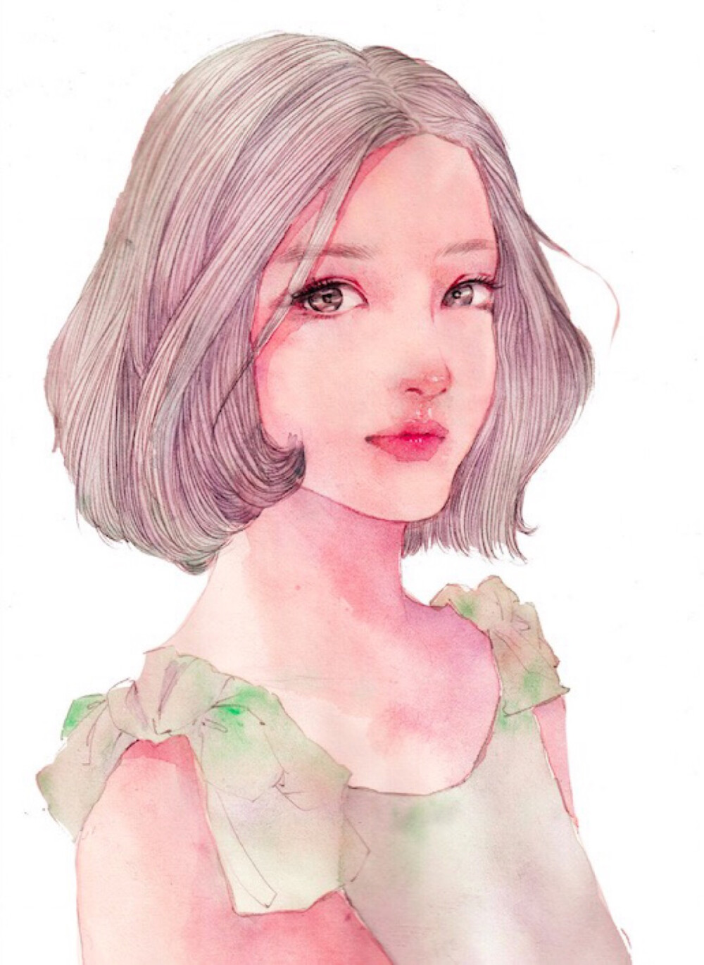 水彩画 手绘 女孩 插画 作者by enofno