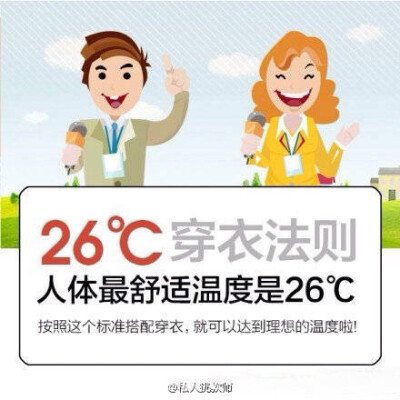 【天凉啦，记住这个26℃穿衣法则】比较厚的羽绒服相当于9℃，薄款羽绒服相当于6℃，稍厚的棉衣是5℃，厚羊毛衫是4℃，棉背心4℃，抓绒衣服、薄外套是3℃，厚的棉毛衫2℃，薄的棉毛衫是1℃等。若温度为22℃，那么穿一…