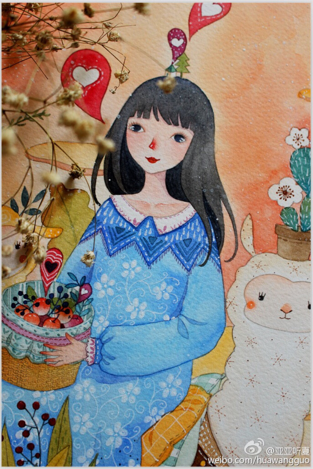 水彩画 女孩 手绘 插画 作者by 亚亚听夏 微博:http://weibo.