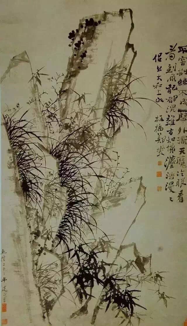 《兰竹菊》郑板桥（1693-1765）应科举为康熙秀才，雍正十年举人，乾隆元年（1736）进士。工诗、词，善书、画。诗词不屑作熟语。画擅花卉木石，尤长兰竹。兰叶之妙以焦墨挥毫，藉草书中之中竖，长撇运之，多不乱，少不疏，脱尽时习，秀劲绝伦。为“扬州八怪”之一，其诗、书、画世称“三绝”擅画兰竹。