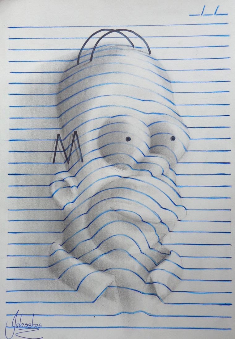 João A. Carvalho惊人的3D立体画艺术（巴西一名15岁少年因其惊人的3D绘画技术在社交网站上走红。男孩名叫卡瓦略，擅长创作3D素描立体画。他在一张白纸上先画好图形，然后再对这些图形增添阴影效果并配上蓝色横线，如此，图形的立体感便跃然纸上。）