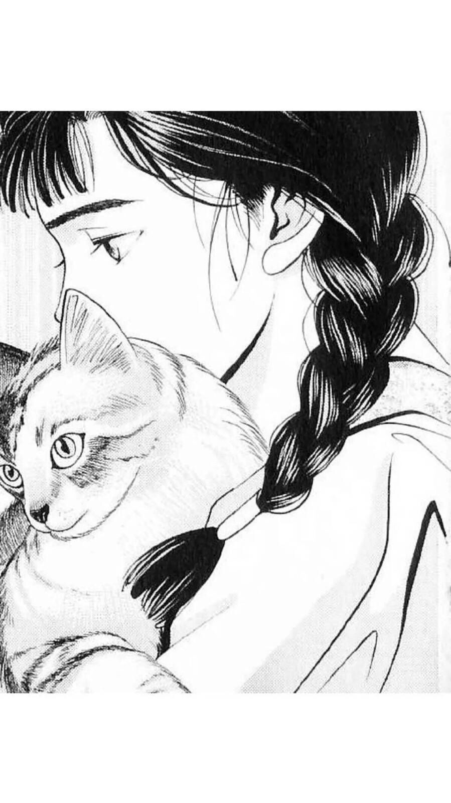 清新 漫画 插画 黑白 长发 宠物 猫 女头像 爱猫的女孩都善良