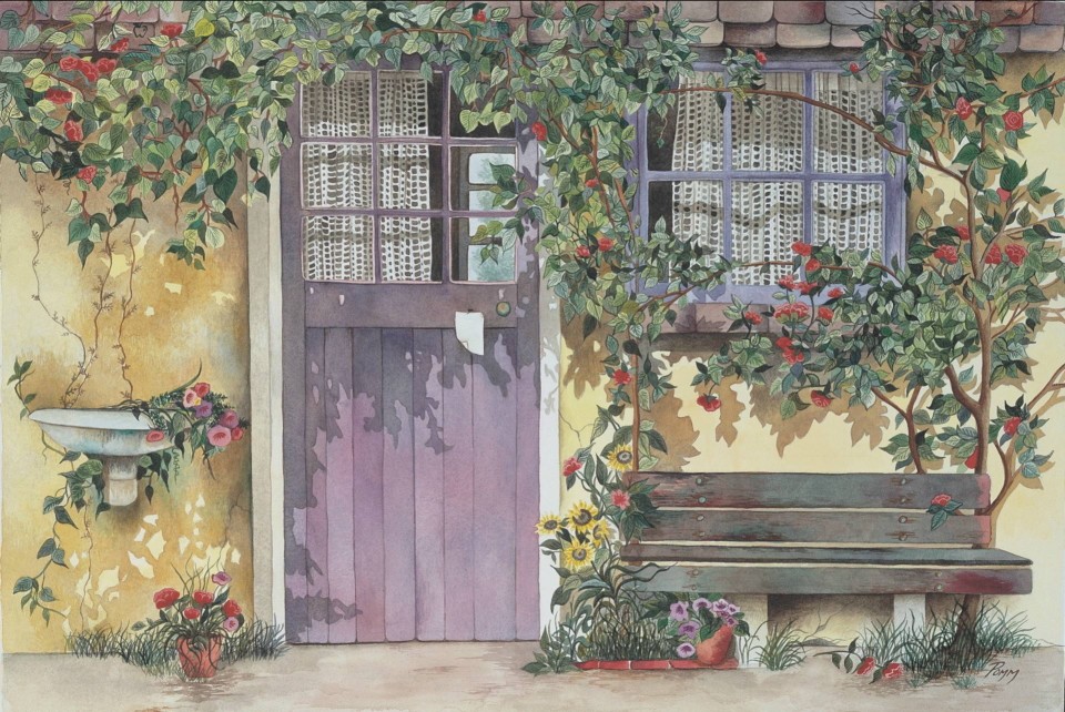  成品 鱼森 来自画师pomm的水彩画，想要这样的房子，有个小庭院，和白色的木制围栏，推开窗，能闻到随风飘来的花香