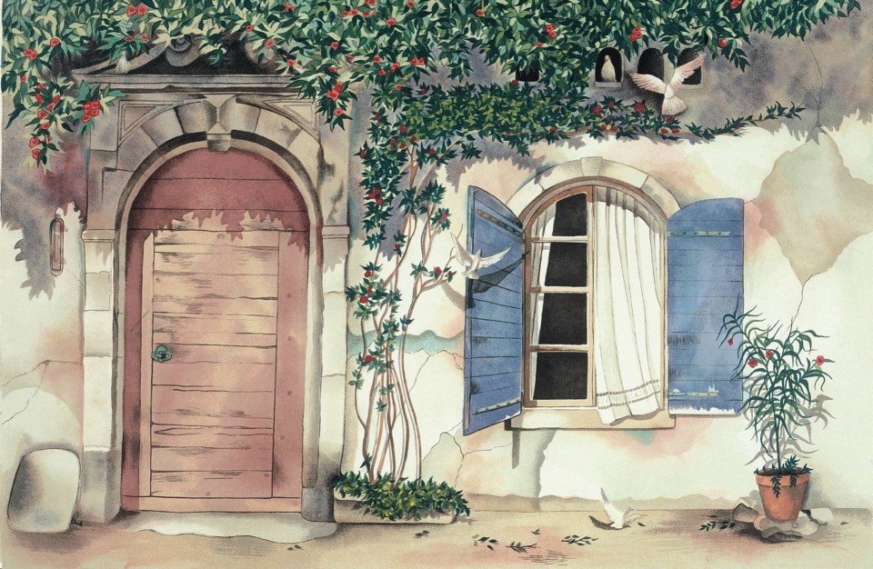  成品 鱼森 来自画师pomm的水彩画，想要这样的房子，有个小庭院，和白色的木制围栏，推开窗，能闻到随风飘来的花香