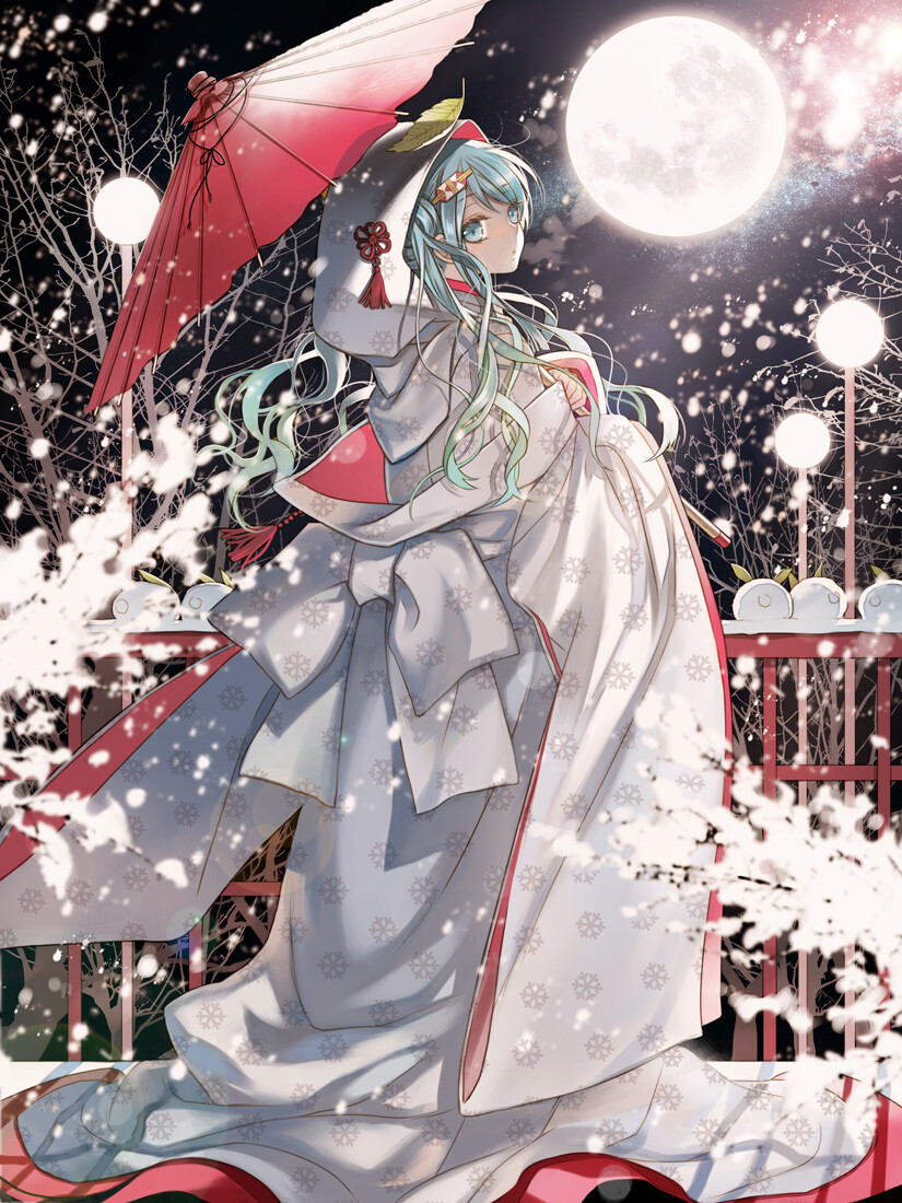 古风 雪 初音 灯光 白袍 红伞 月下