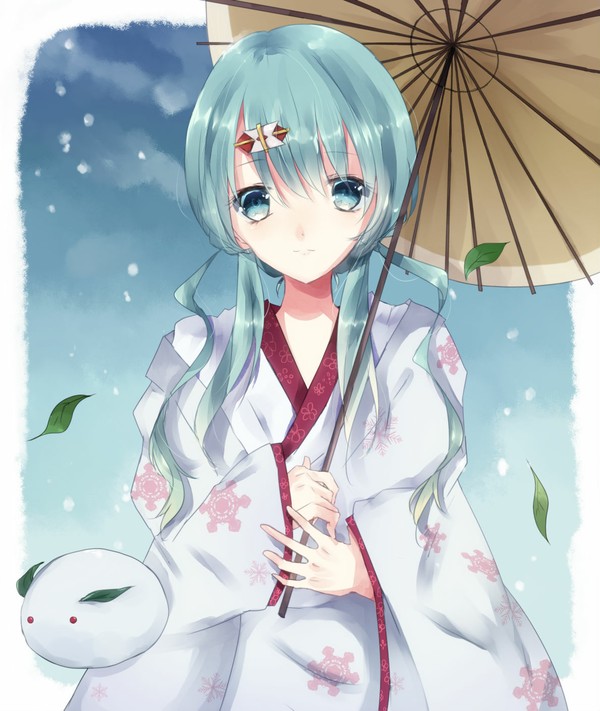 古风 雪 初音 绿叶 伞