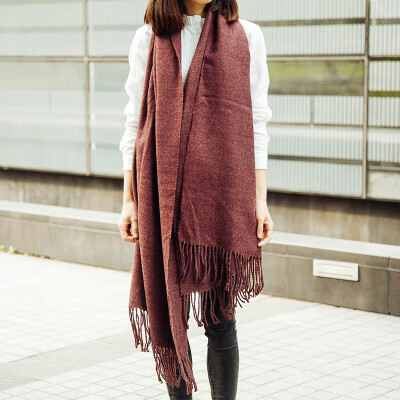 秋冬韩版通用酒红色长方形保暖冬季羊绒混纺纯色围巾