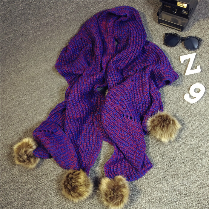  闪电紫大毛球针织毛线围巾 秋冬女士超长加厚保暖韩版大披肩