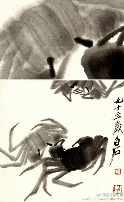 【 齐白石 《花卉草虫画》③ 】白石老人画工笔草虫是从他长年写生积累的草虫稿中找出最动人的姿态，然后把无关的部分去舍加工，创造出精炼而生动的艺术形象来。他曾说：“为万虫写照，为百鸟传神。只有鳞虫中之龙未…