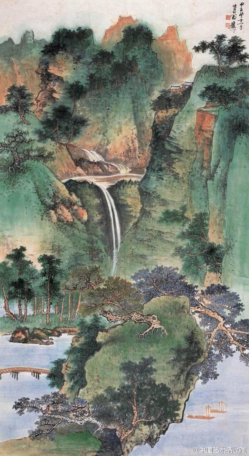 #山水画#【 谢稚柳 《山水图》 】谢稚柳的山水画一开始就力学北宋,从巨然的山水入手,转师范宽和燕文贵,取其结构气势与笔墨造型技法,后从王诜《渔村小雪》,巨然《秋山问道》中神交董、巨,吸收王诜的俊逸清峭与董,巨之平淡天真,将这些古人的艺术菁华与自己潇洒出神的笔致相结合,同时融以彩墨晕染的尝试.